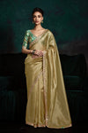 Golden Beige Designer Organza Saree with Embroidery Border