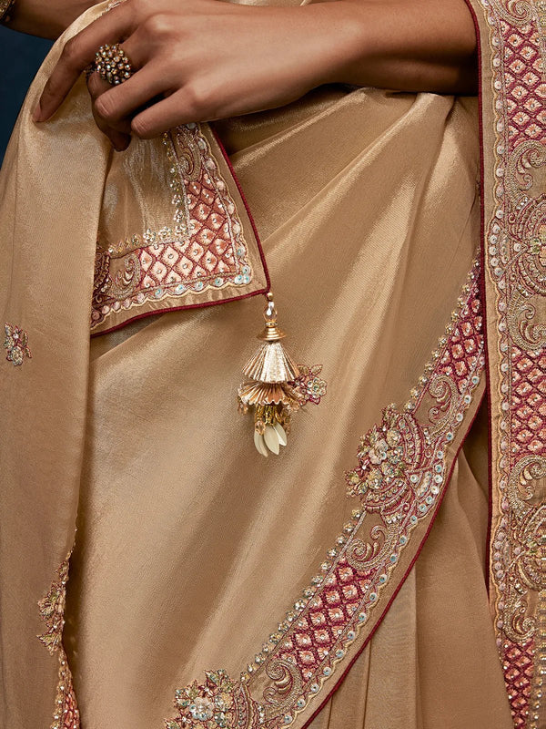Golden Beige Designer Silk Saree with Contrast Maroon Blouse