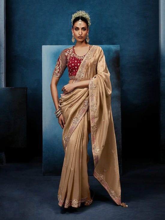 Golden Beige Designer Silk Saree with Contrast Maroon Blouse