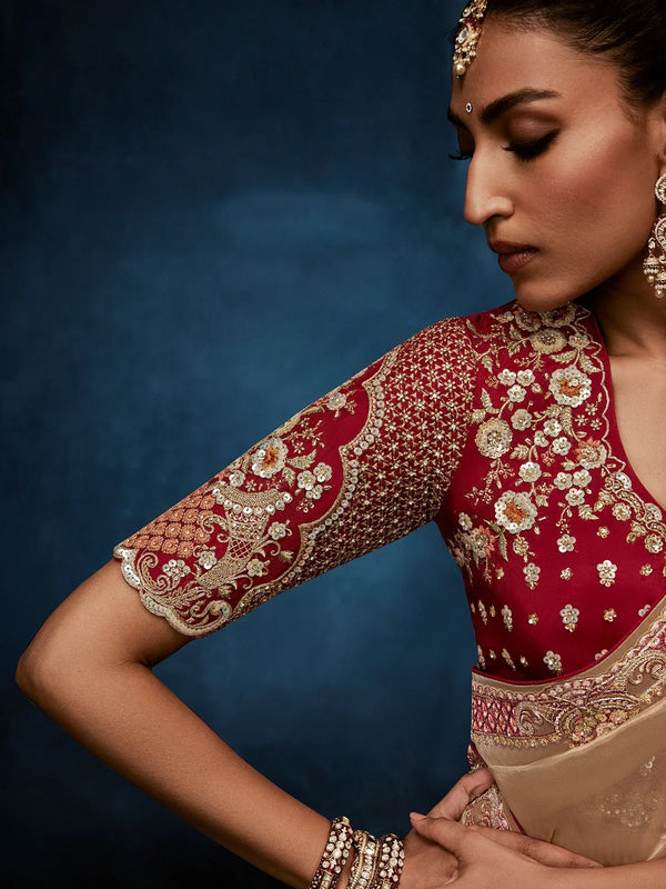 Golden Beige Designer Silk Saree with Contrast Maroon Blouse