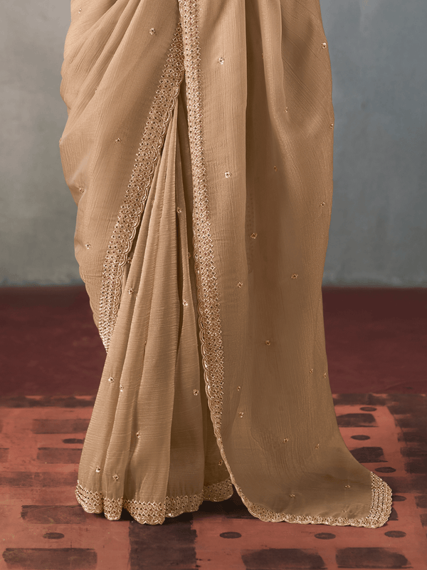 Golden Beige Designer Tissue Silk Saree With Contrast Blouse