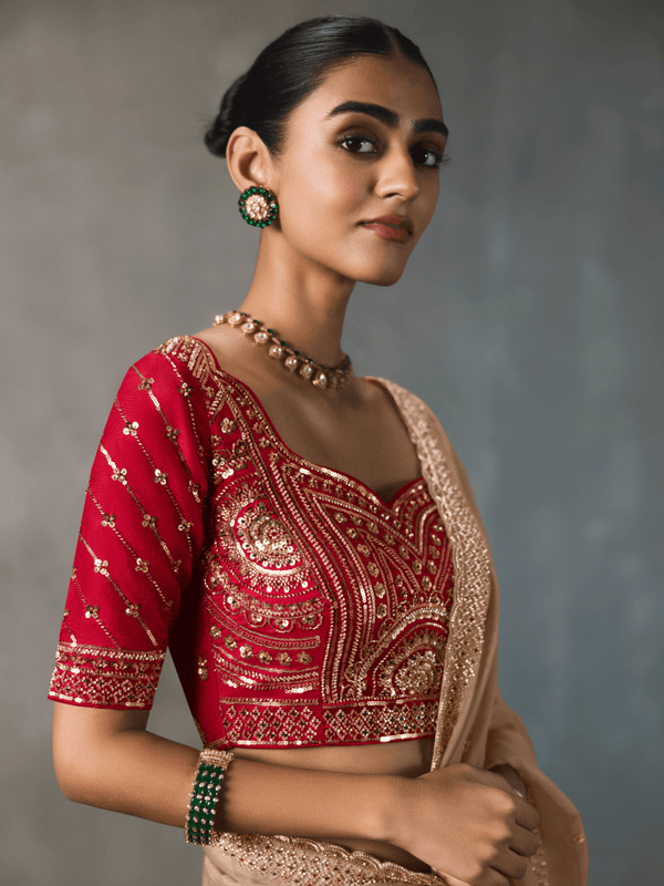 Golden Beige Designer Tissue Silk Saree With Contrast Blouse