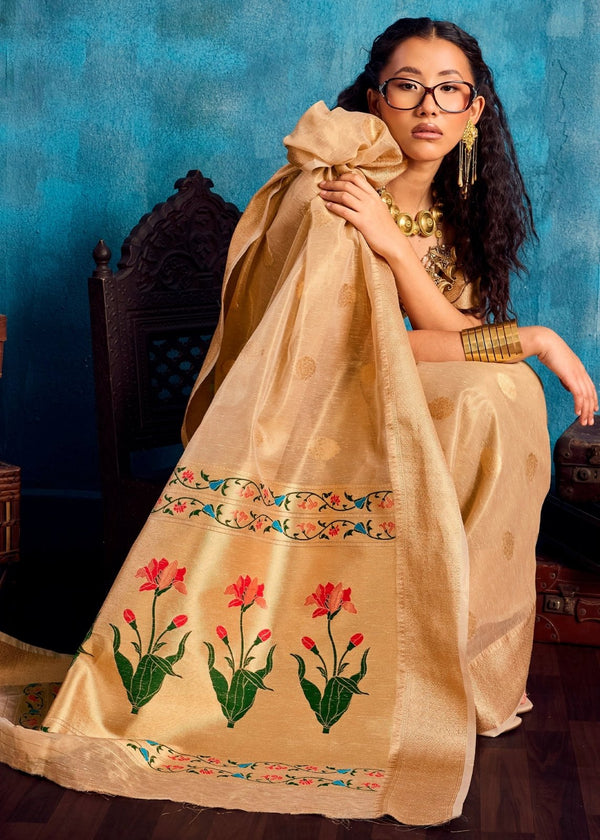 Golden Beige Paithani Tissue Silk Saree