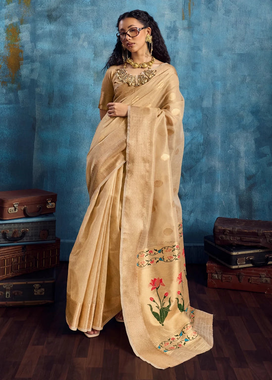Golden Beige Paithani Tissue Silk Saree