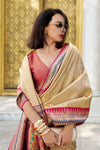 Golden Beige Tissue Ikat Silk Saree