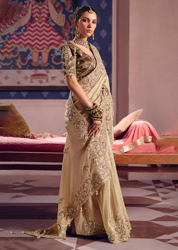Golden Beige Zari Tissue Designer Embroidered Saree