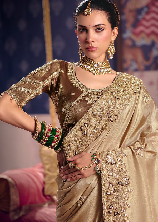 Golden Beige Zari Tissue Designer Embroidered Saree