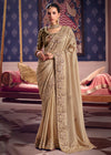 Golden Beige Zari Tissue Designer Embroidered Saree