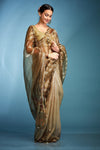 Golden Brown Printed Tissue Silk Saree