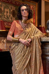 Golden Brown Tussar Silk Saree With Ikkat Pallu and Contrast Blouse