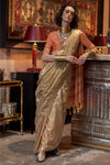 Golden Brown Tussar Silk Saree With Ikkat Pallu and Contrast Blouse