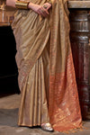 Golden Brown Tussar Silk Saree With Ikkat Pallu and Contrast Blouse