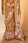 Golden Mustard And Ivory Banarasi Silk Saree With Floral Pallu