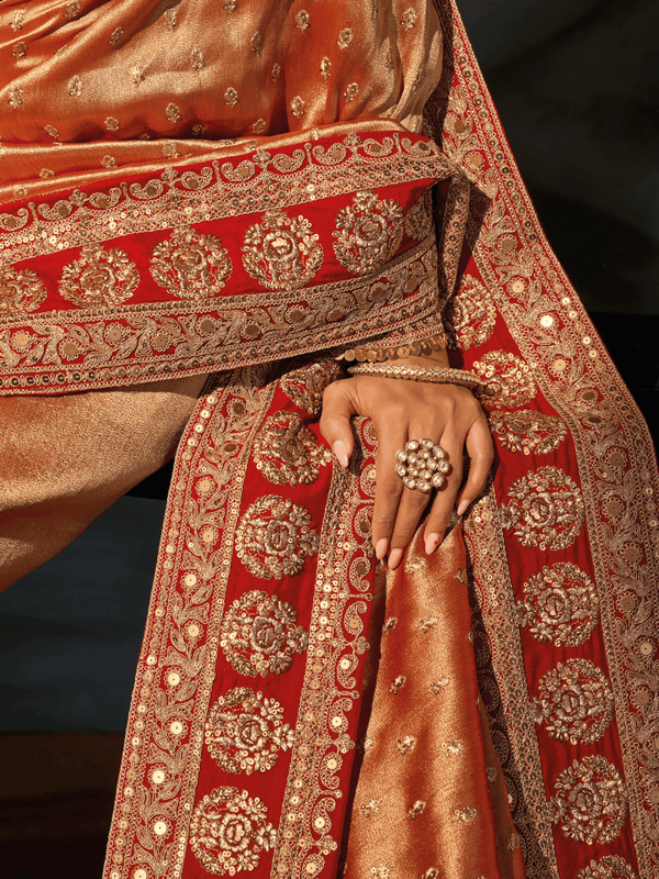 Golden Orange Embroidered Designer Tissue Silk Saree With Contrast Blouse