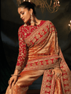 Golden Orange Embroidered Designer Tissue Silk Saree With Contrast Blouse