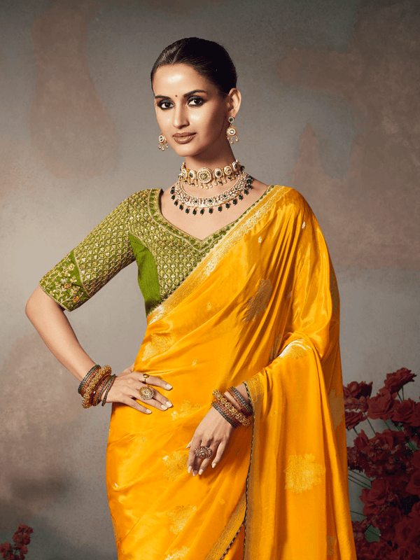 Golden Yellow Banarasi Satin Silk Saree