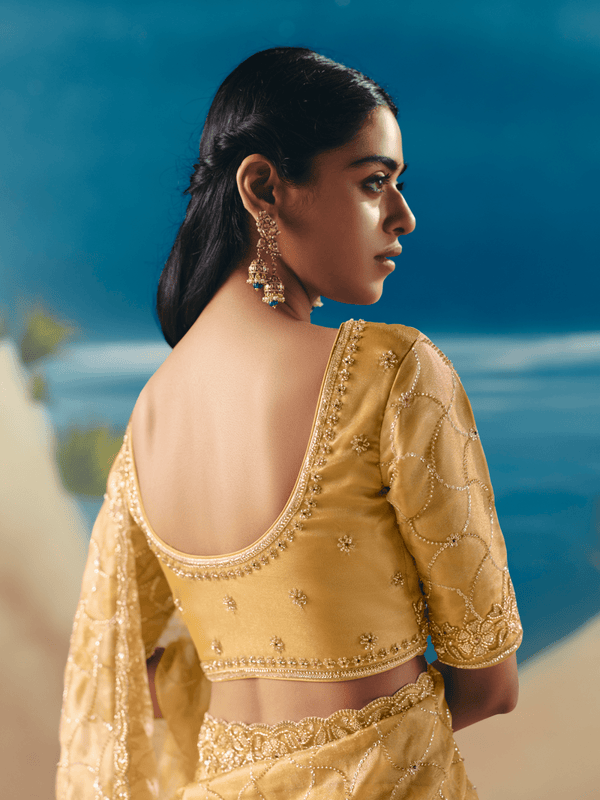 Golden Yellow Embroidered Designer Organza Silk Saree