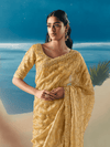 Golden Yellow Embroidered Designer Organza Silk Saree