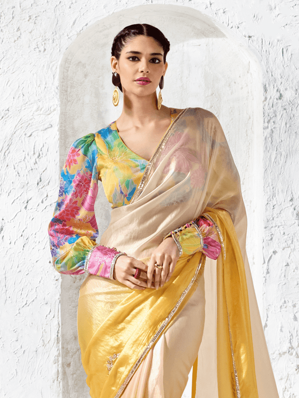 Golden Yellow Embroidered Designer Organza Silk Saree With Contrast Blouse