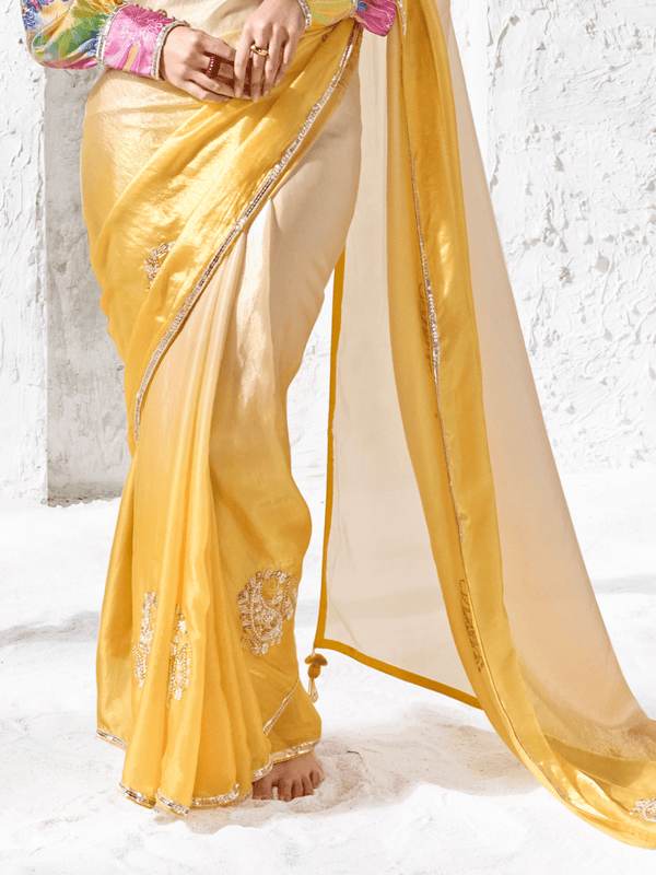 Golden Yellow Embroidered Designer Organza Silk Saree With Contrast Blouse