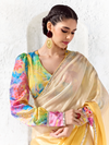 Golden Yellow Embroidered Designer Organza Silk Saree With Contrast Blouse