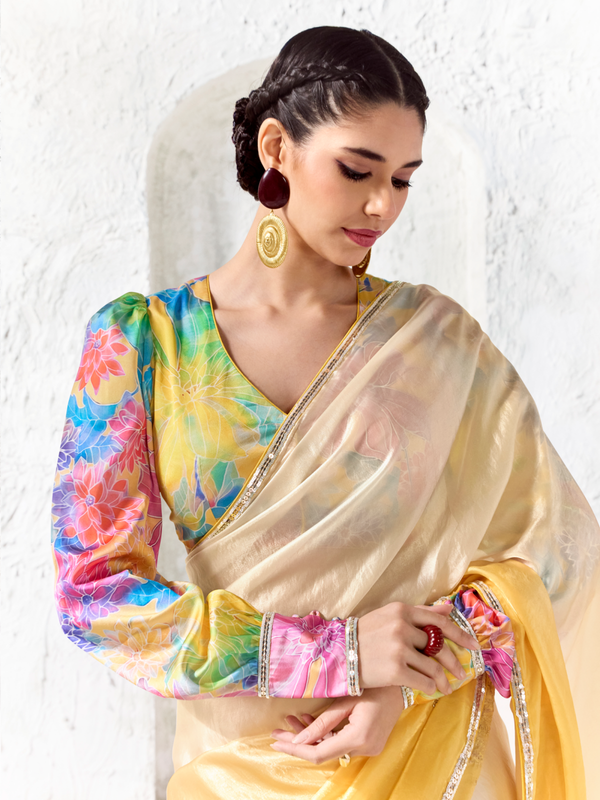 Golden Yellow Embroidered Designer Organza Silk Saree With Contrast Blouse