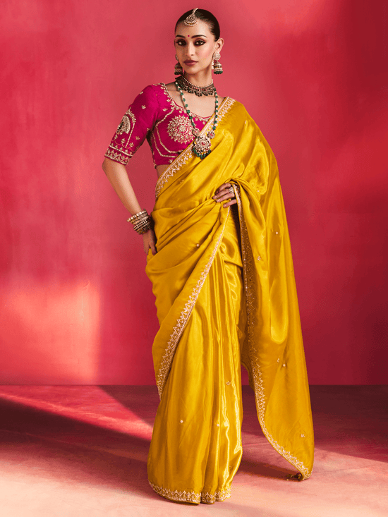 Golden Yellow Embroidered Designer Satin Silk Saree With Contrast Blouse