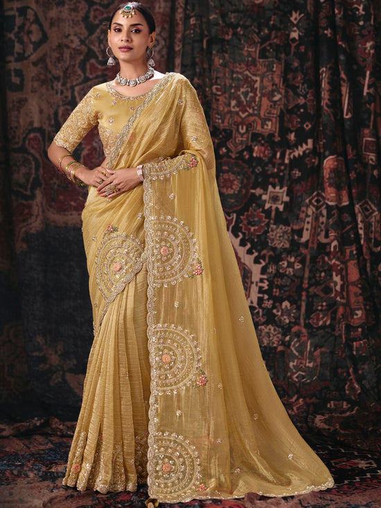 Golden Yellow Embroidered Designer Tissue Silk Saree