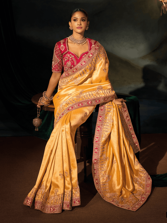 Golden Yellow Embroidered Designer Tissue Silk Saree With Contrast Blouse