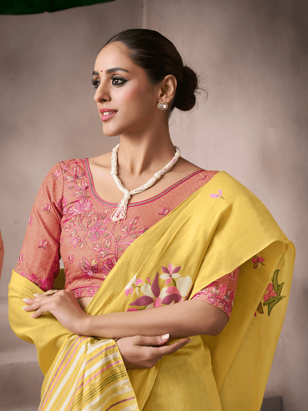 Golden Yellow Jamdani Cotton Silk Saree With Contrast Blouse