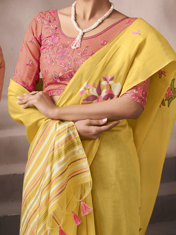 Golden Yellow Jamdani Cotton Silk Saree With Contrast Blouse