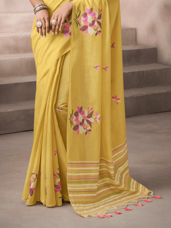 Golden Yellow Jamdani Cotton Silk Saree With Contrast Blouse