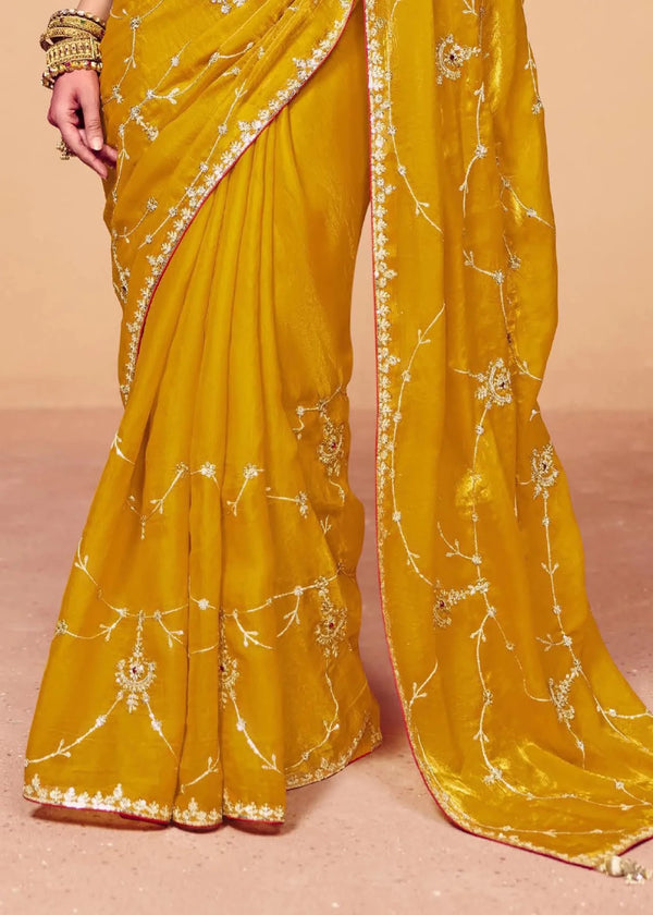 Golden Yellow Organza Silk Designer Saree with Rani Pink Contrast Blouse