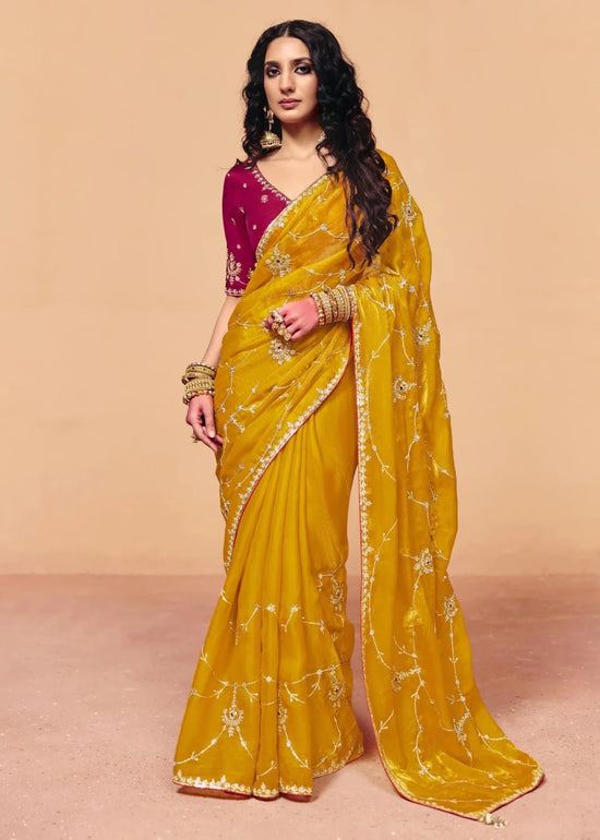 Golden Yellow Organza Silk Designer Saree with Rani Pink Contrast Blouse