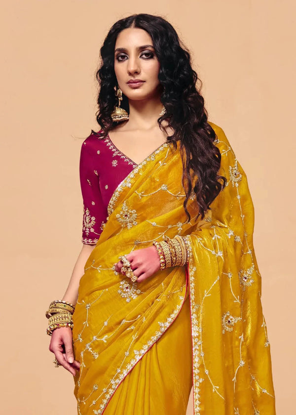 Golden Yellow Organza Silk Designer Saree with Rani Pink Contrast Blouse