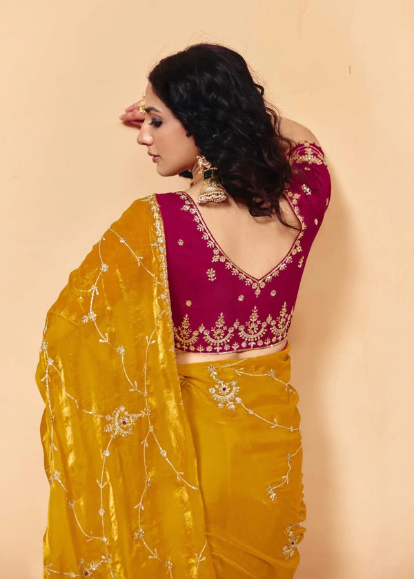 Golden Yellow Organza Silk Designer Saree with Rani Pink Contrast Blouse