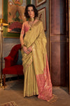 Golden Yellow Tussar Silk Saree With Ikkat Pallu and Contrast Blouse