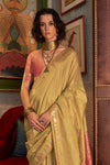 Golden Yellow Tussar Silk Saree With Ikkat Pallu and Contrast Blouse