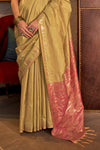 Golden Yellow Tussar Silk Saree With Ikkat Pallu and Contrast Blouse