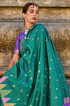 Green Khadi South Silk Saree With Temple Border