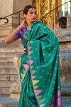 Green Khadi South Silk Saree With Temple Border