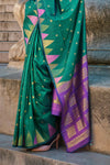 Green Khadi South Silk Saree With Temple Border