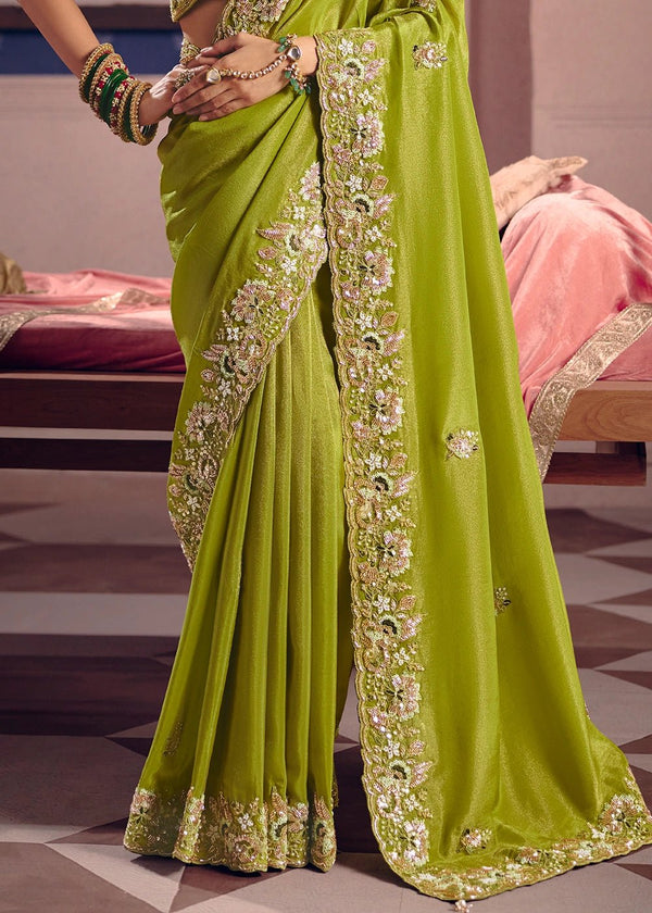 Green Premium Tissue Zari Embroidered Designer Saree