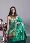 Green Silk Saree With Temple Border