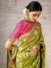 Green Zari Woven Banarasi Silk Saree With Contrast Blouse