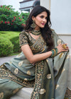 Grey And Antique Green Embroidered Designer Tissue Silk Saree