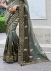 Grey And Antique Green Embroidered Designer Tissue Silk Saree