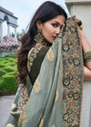 Grey And Antique Green Embroidered Designer Tissue Silk Saree