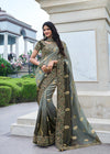 Grey And Antique Green Embroidered Designer Tissue Silk Saree