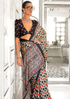 Grey And Black Ajrakh Satin Crepe Saree